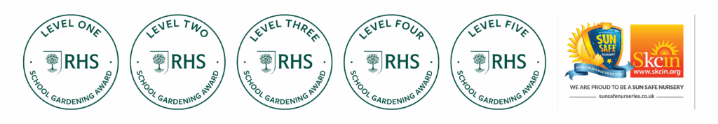 This image shows four accreditation badges. The Waterfront Nursery has levels 1, 2, 3, 4 and 5 school gardening awards. The Waterfront Nursery is also an accredited sun safe nursery.