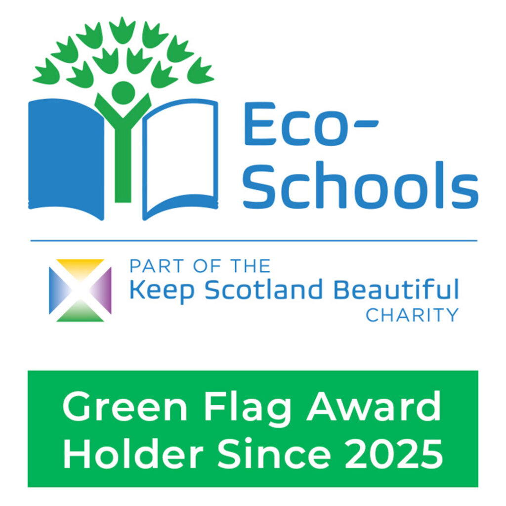 Logo for Eco-Schools with a green figure and leaves between blue shapes, text reads "Part of the Keep Scotland Beautiful charity. Green Flag Award Holder Since 2025."