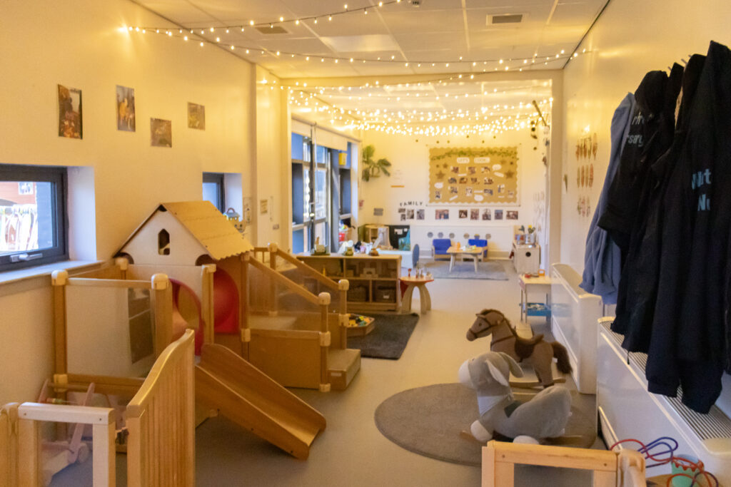 The nursery has climbing aparatus, toys and other activities and is lit in many rooms by fairy lights.